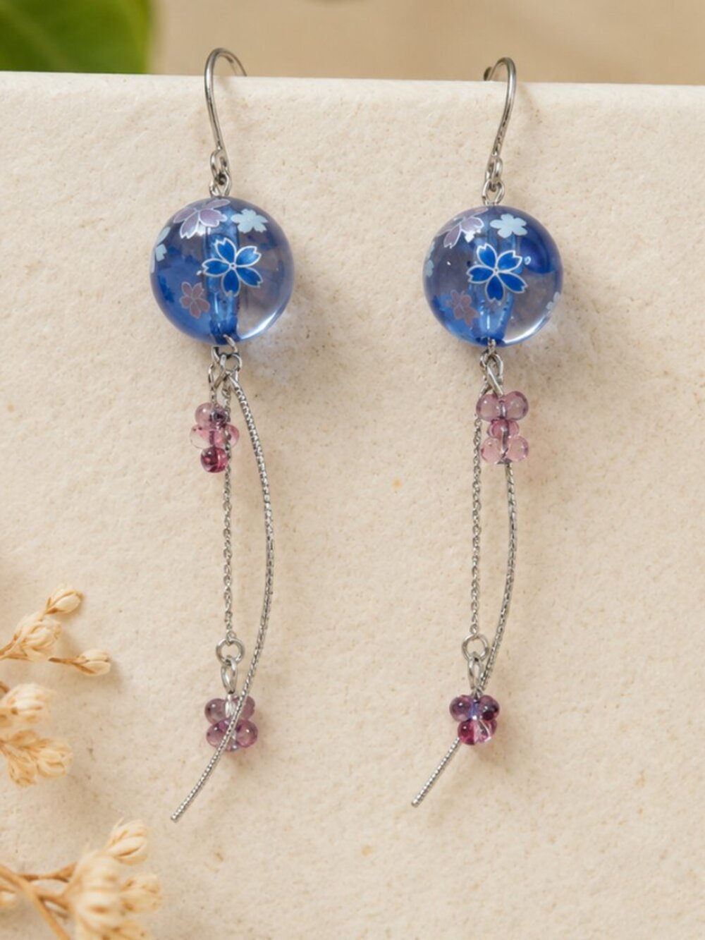 Handmade, One-of-a-kind, Cherry Blossom Sakura Blue Earring, Titanium Hooks